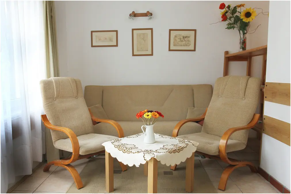 Salon z wypoczynkiem w Domku B